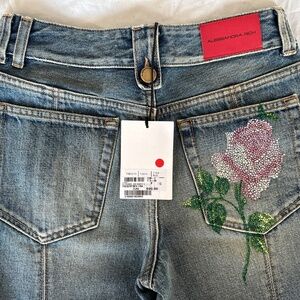 Alessandra Rich Denim Flared Jeans With Crystal Rose